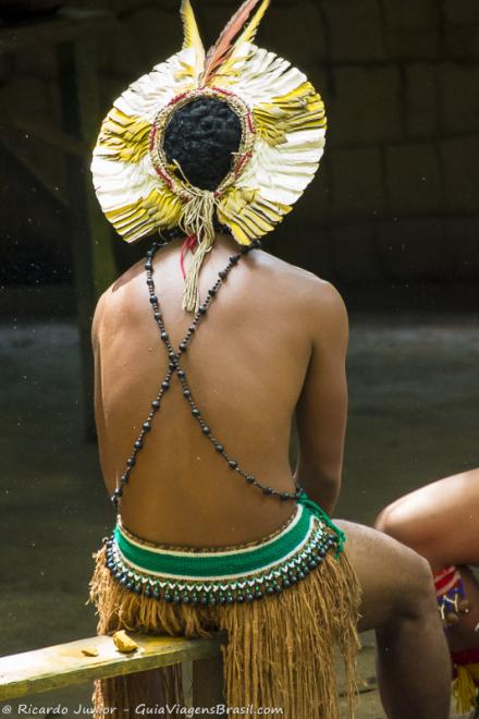 Imagem de um índio sentado de costas e com seus adereços.